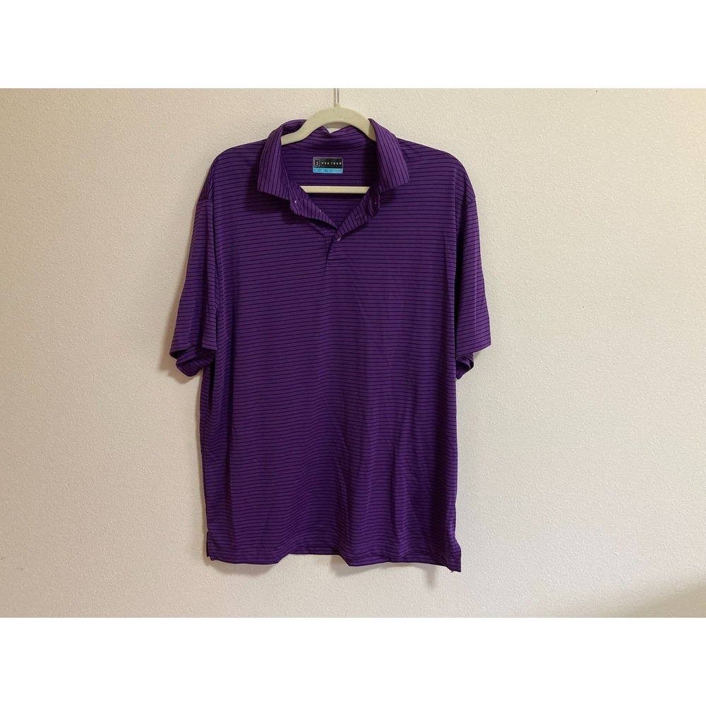 PGA Tour Purple Black‎ Striped Polo Shirt Size L Large Men Short Sleeve